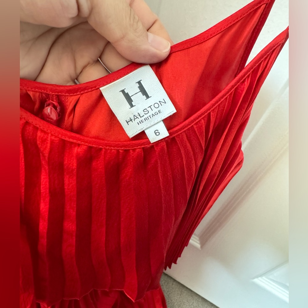 Halston Heritage Pleated Silk Red Swing Dress - Picture 6 of 9